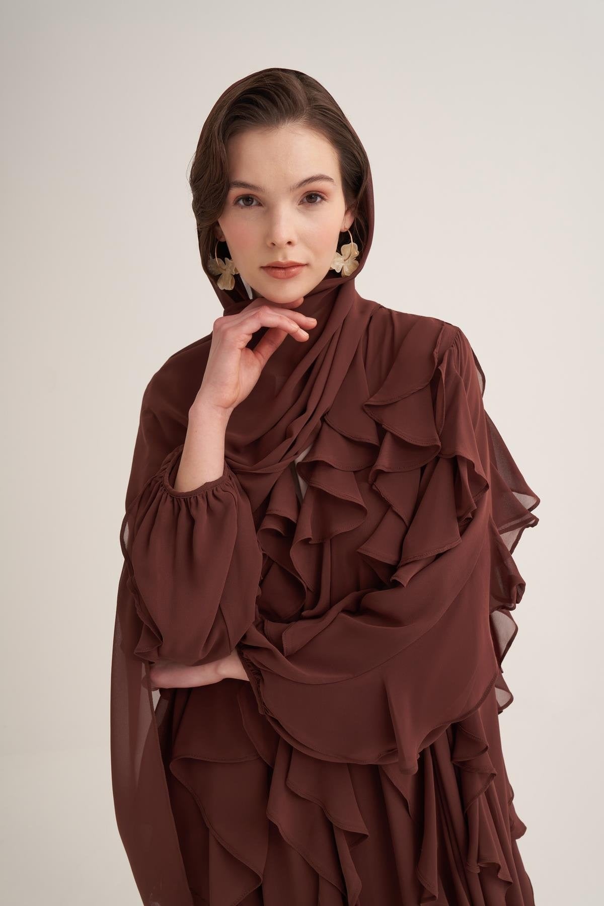 Chiffon Ruffle Open Abaya with Matching Scarf in Brown