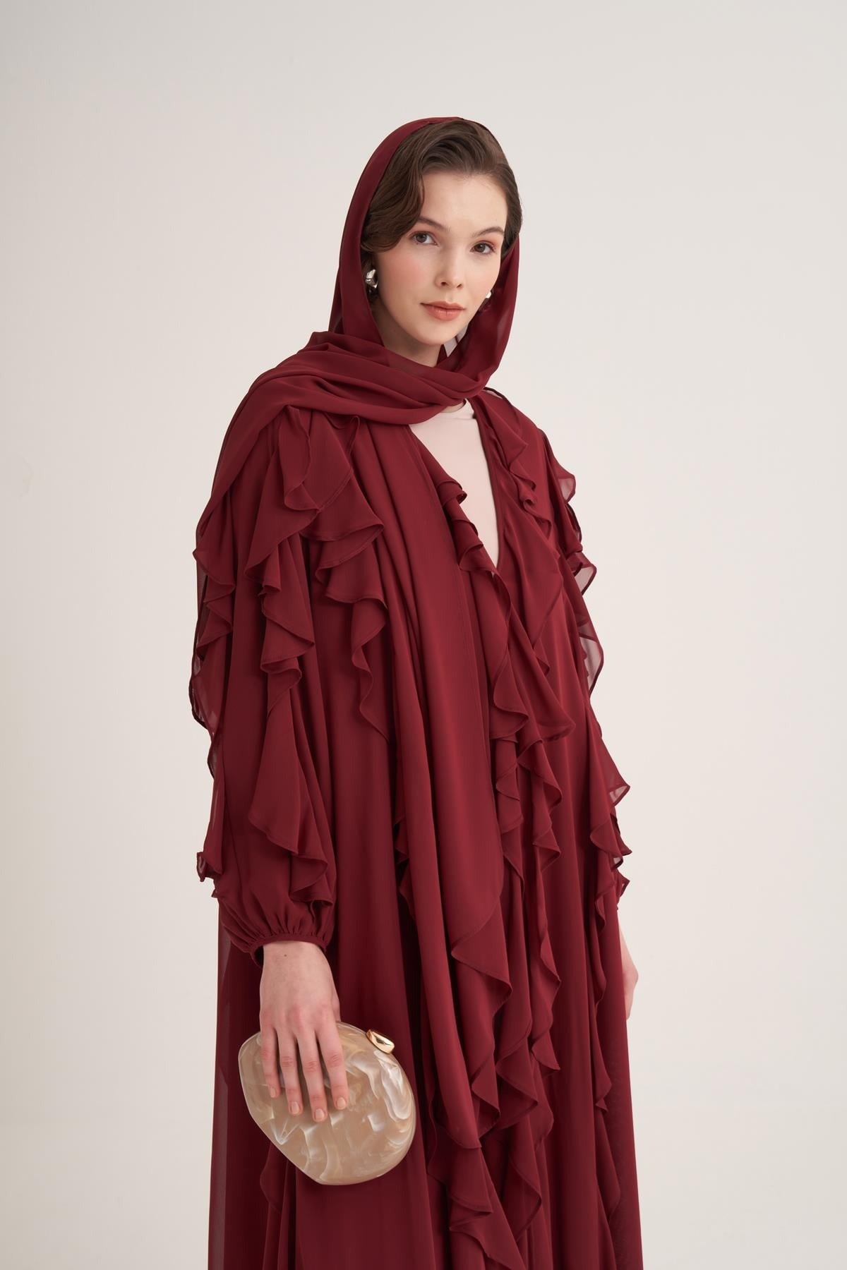 Chiffon Ruffle Open Abaya with Matching Scarf in Burgundy