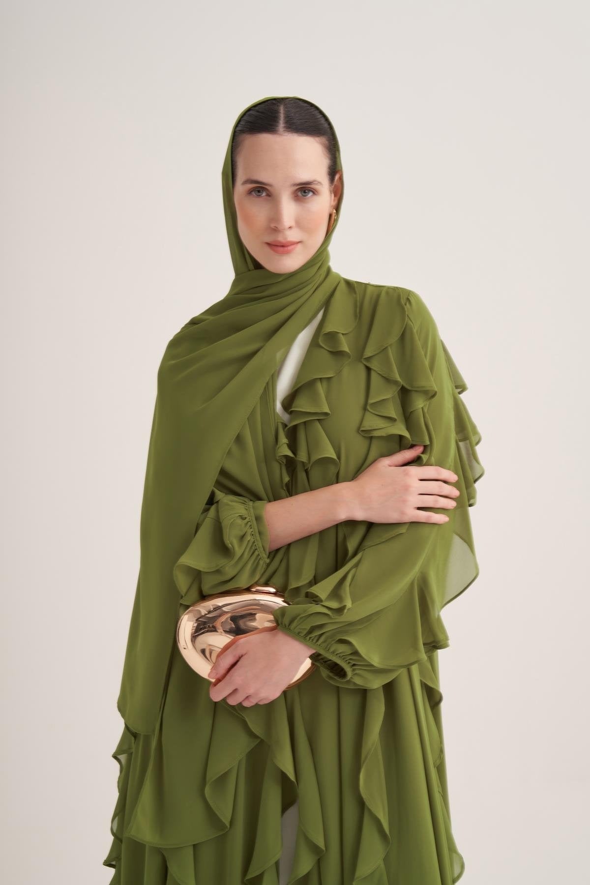 Chiffon Ruffle Open Abaya with Matching Scarf in Green