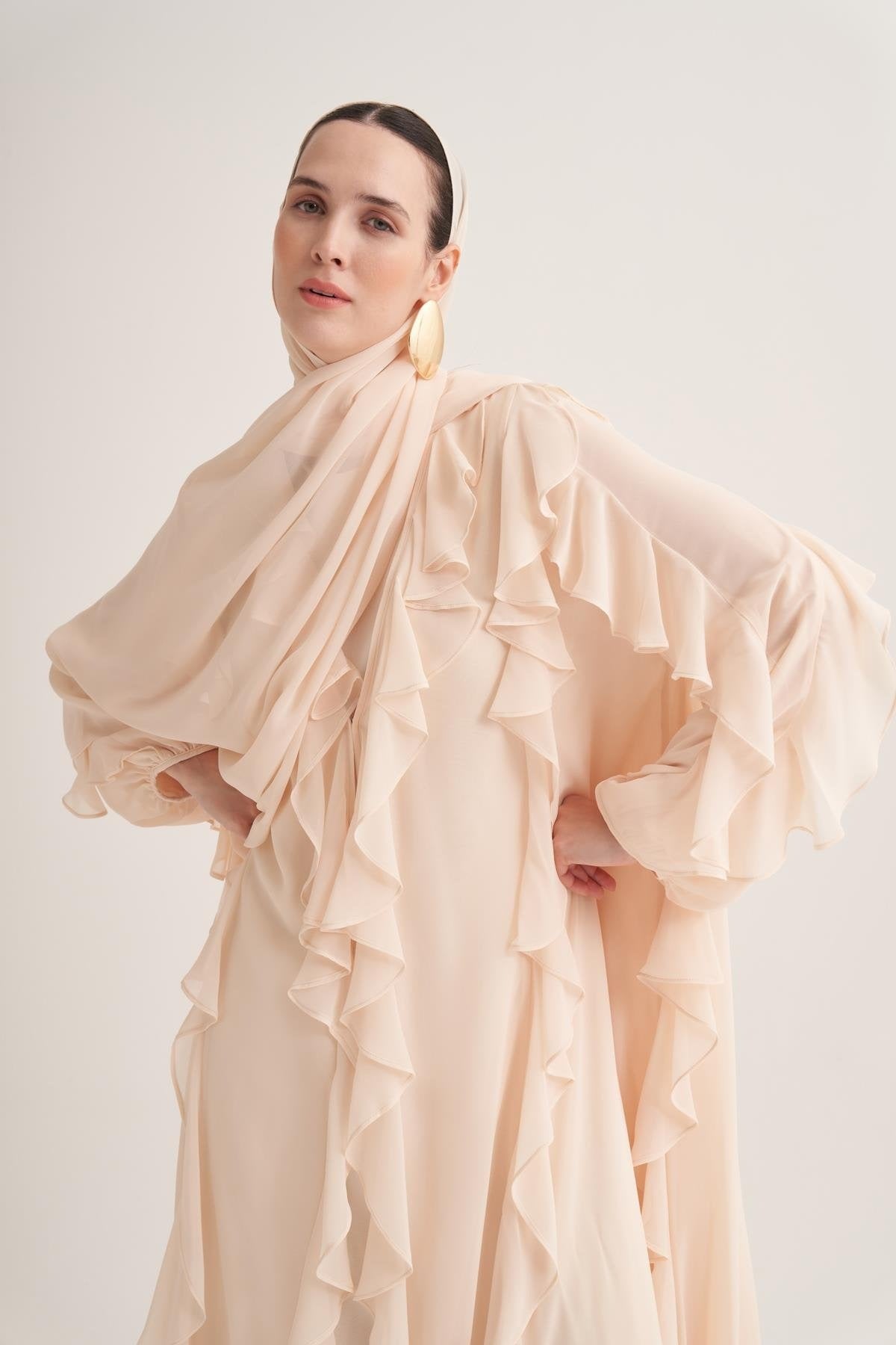 Chiffon Ruffle Open Abaya with Matching Scarf in Light Yellow