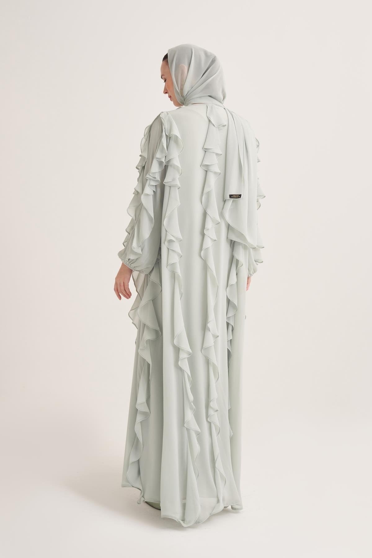 Chiffon Ruffle Open Abaya with Matching Scarf in Mint