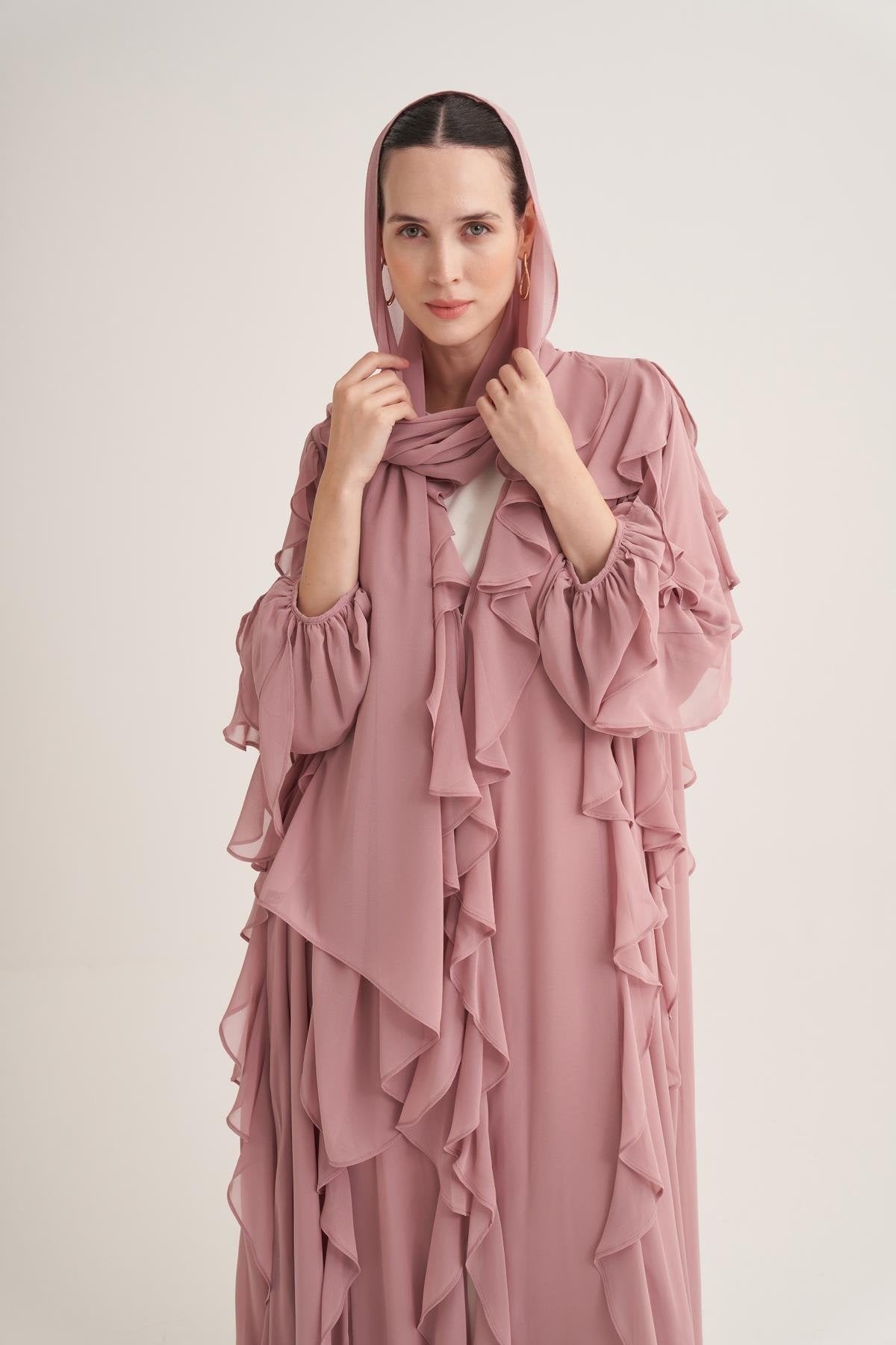 Chiffon Ruffle Open Abaya with Matching Scarf in Powder