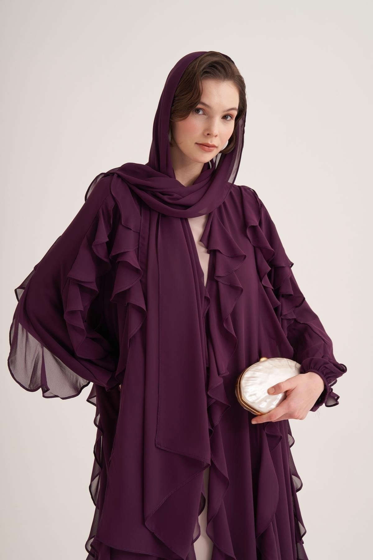 Chiffon Ruffle Open Abaya with Matching Scarf in Purple