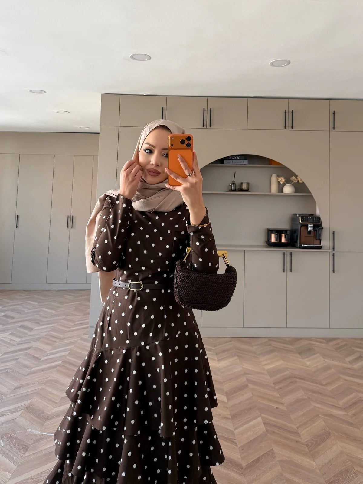 White Polka Dot Side-Tie Poplin Maxi Dress - Brown