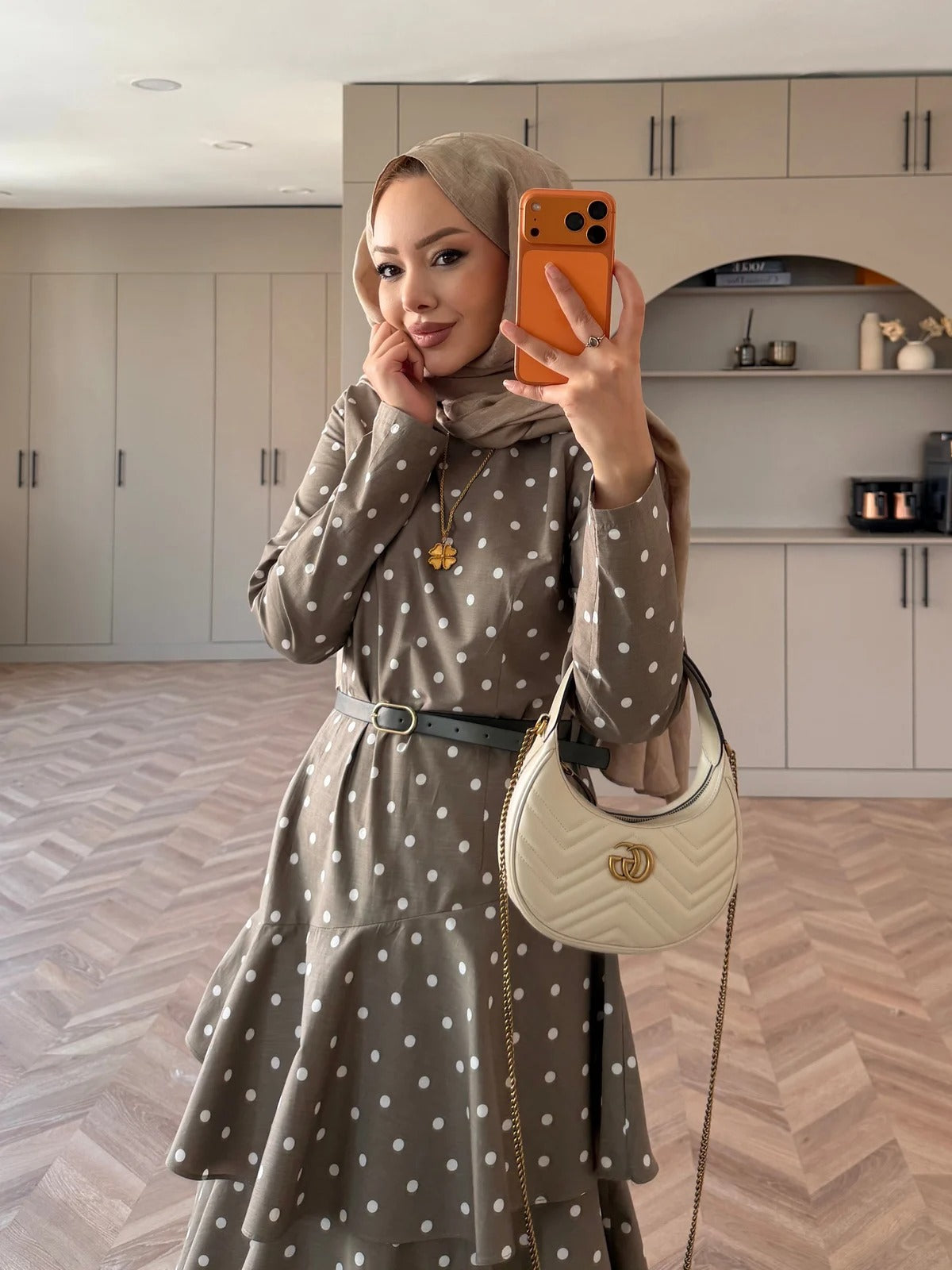 White Polka Dot Side-Tie Poplin Maxi Dress - Khaki