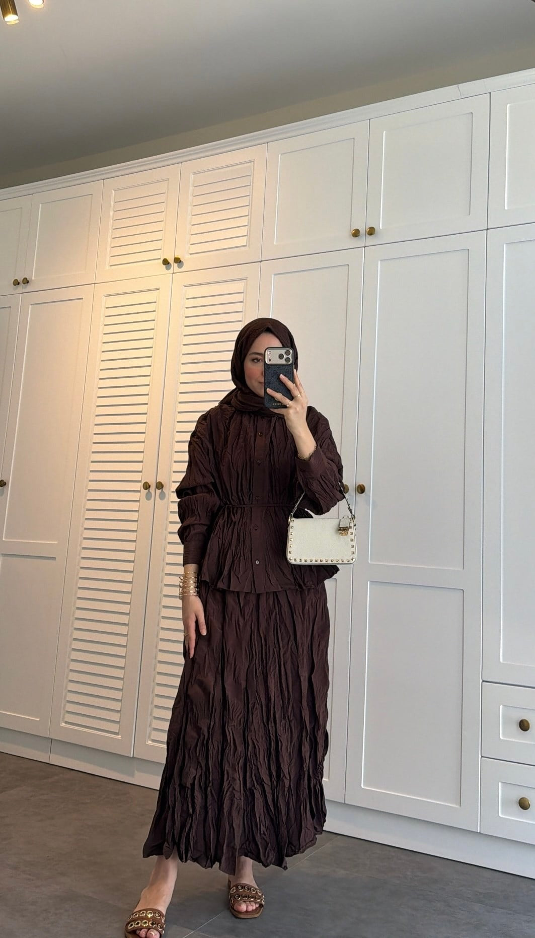Brown Textured Crinkle-Effect Shirt & Maxi Skirt Co-ord Set
