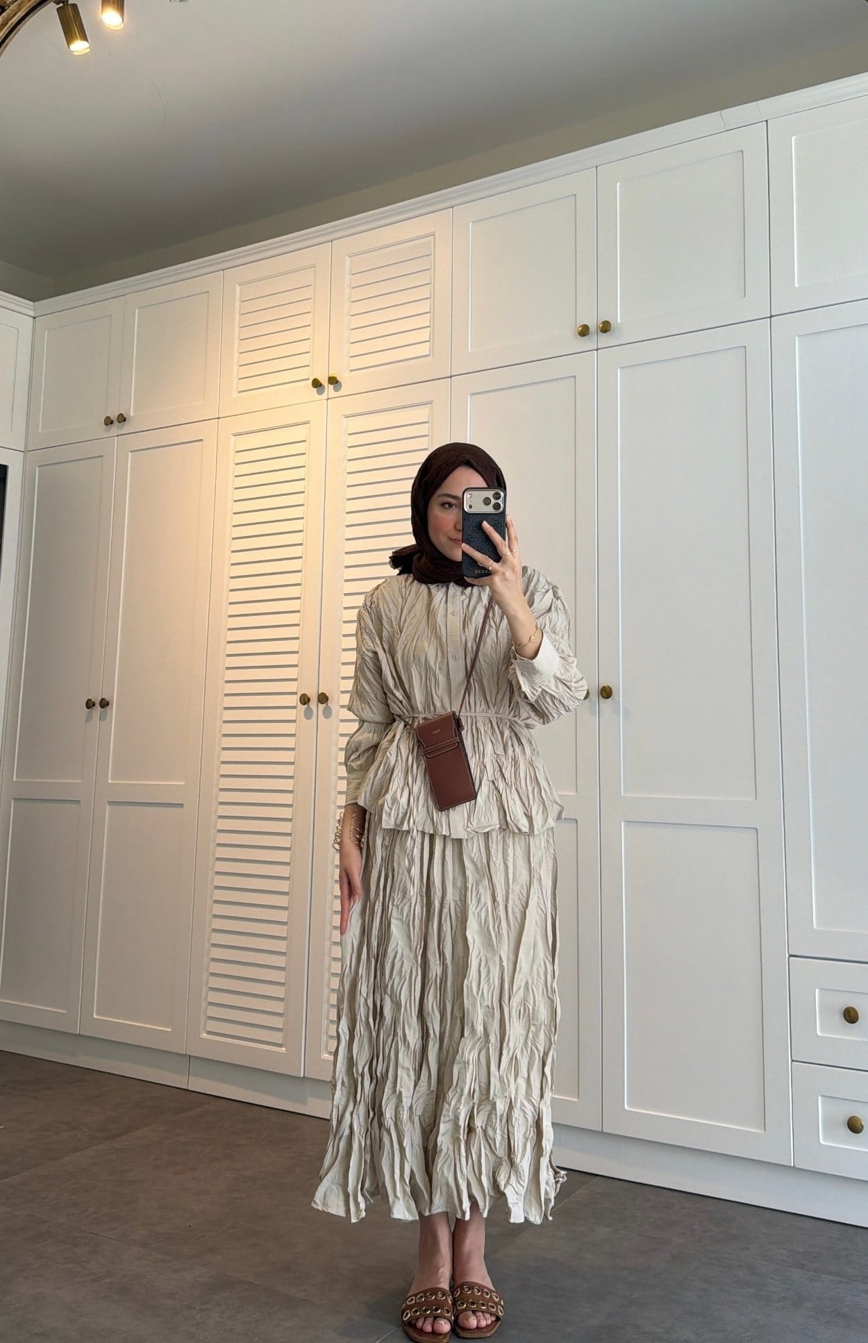 Beige Textured Crinkle-Effect Shirt & Maxi Skirt Co-ord Set