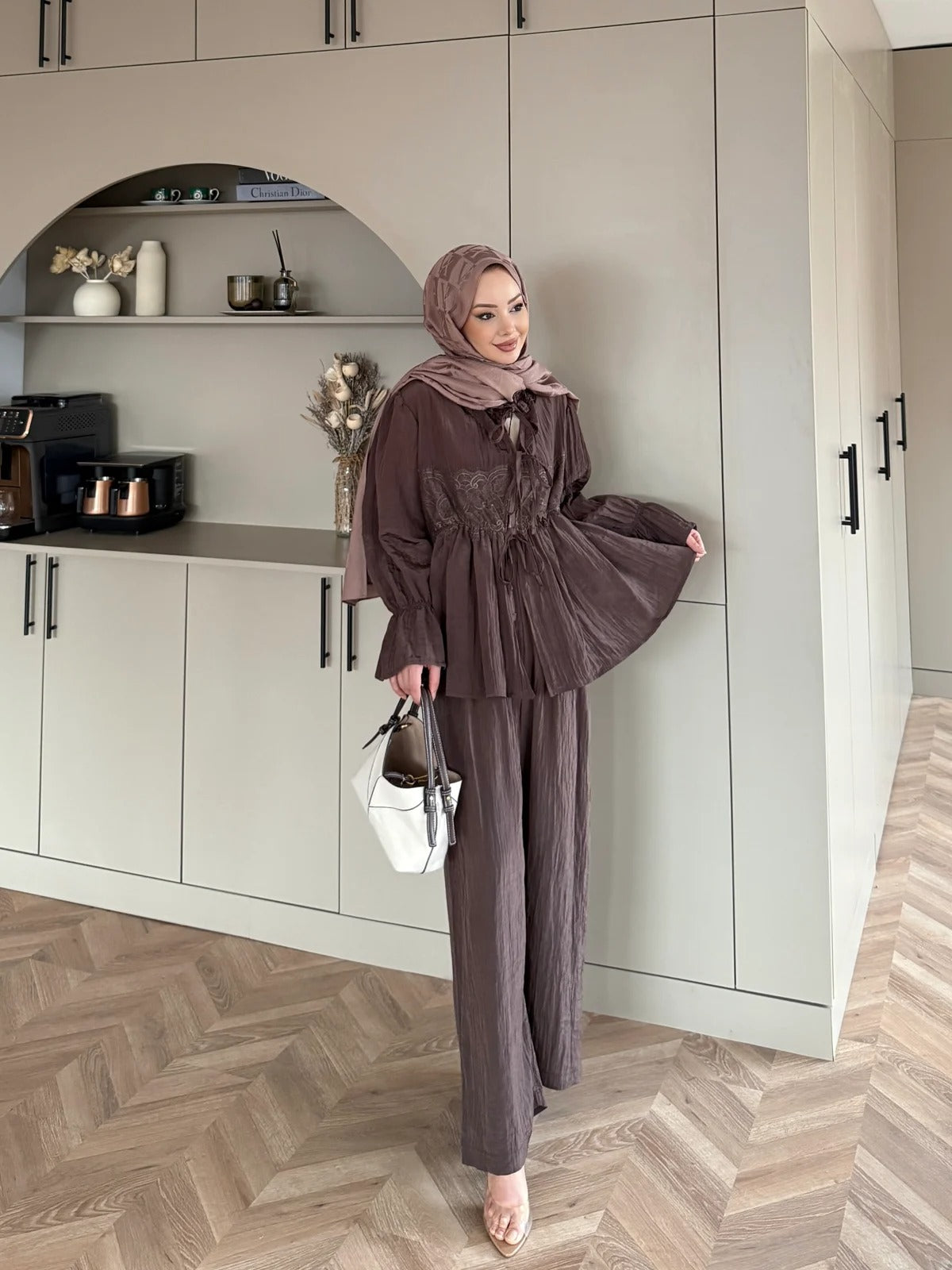 Nada Lace Detail Two-Piece Set – Brown