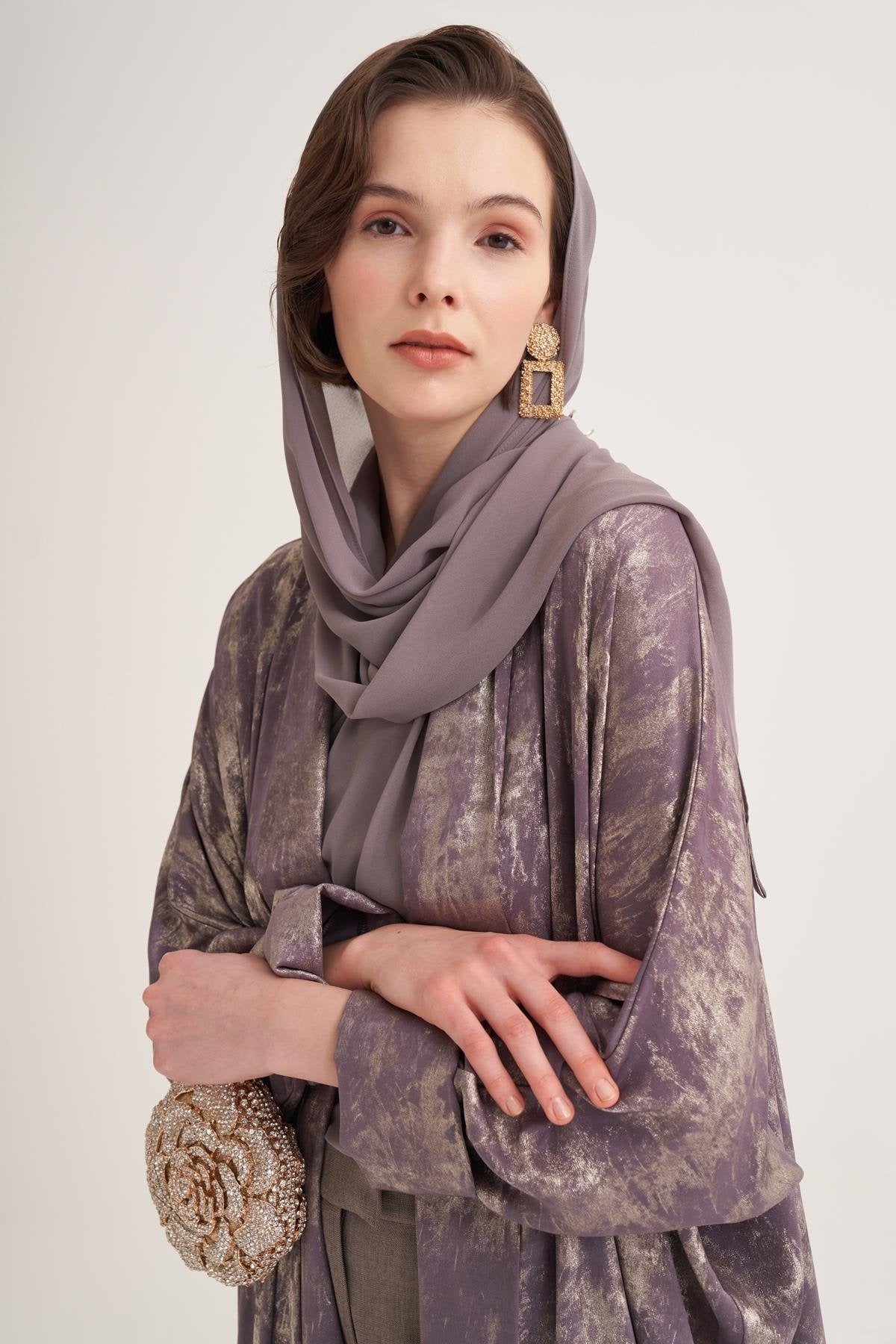 Gold-Textured Open Abaya in Dark Mink with Matching Scarf