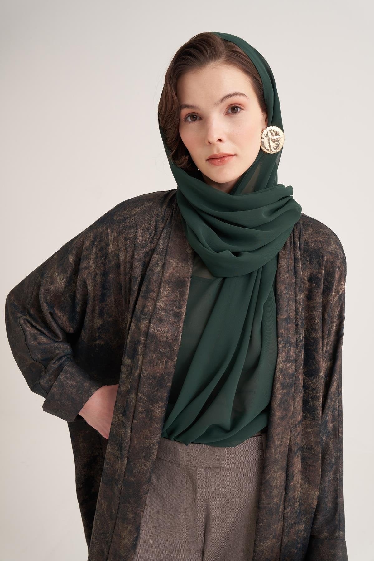 Gold-Textured Open Abaya in Green with Matching Scarf