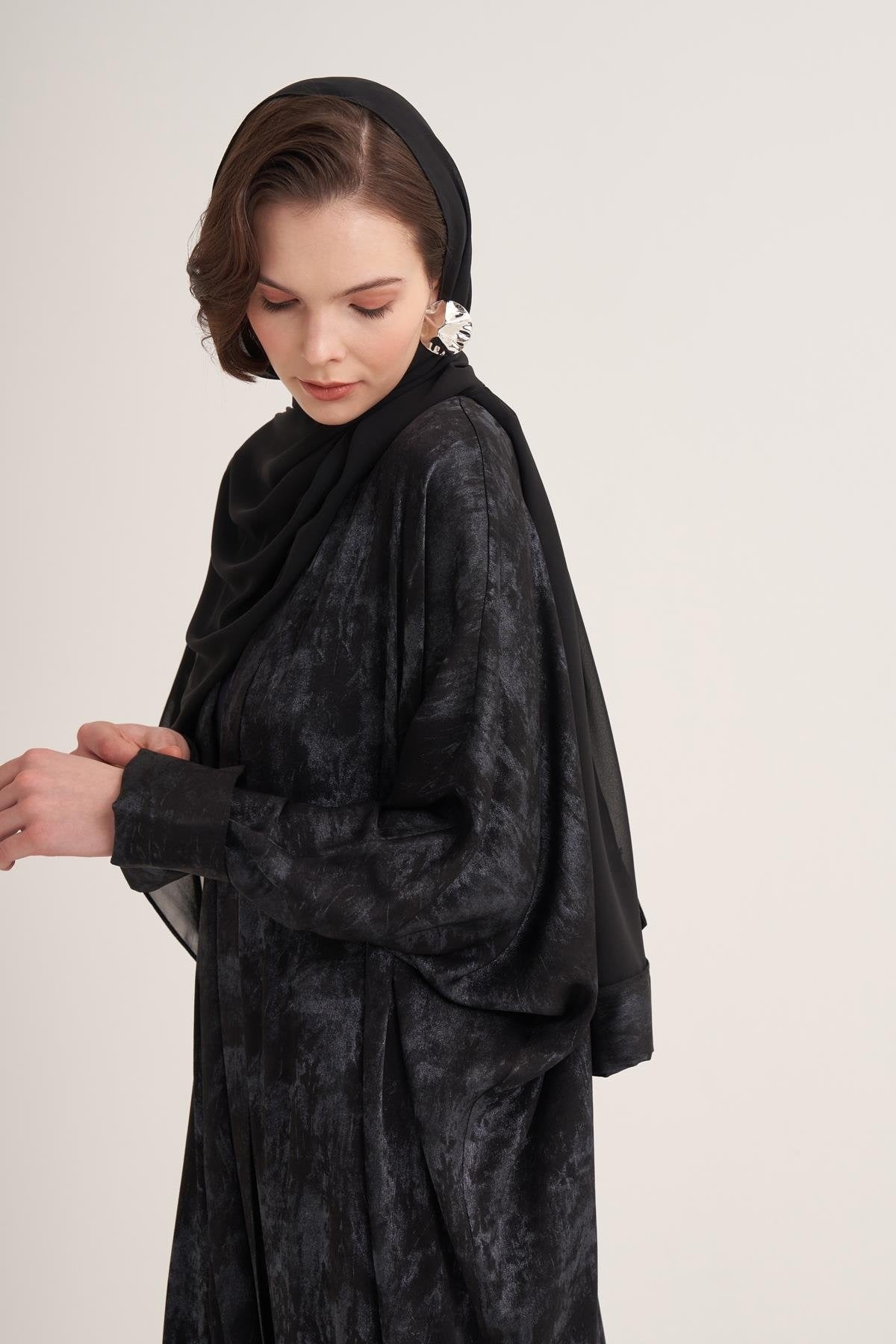 Gold-Textured Open Abaya in Navy Blue with Matching Scarf