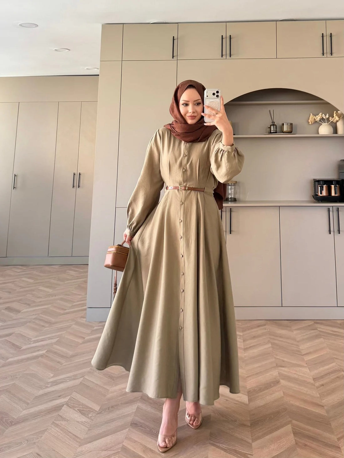 Pearl Belted Maxi Dress in Khaki