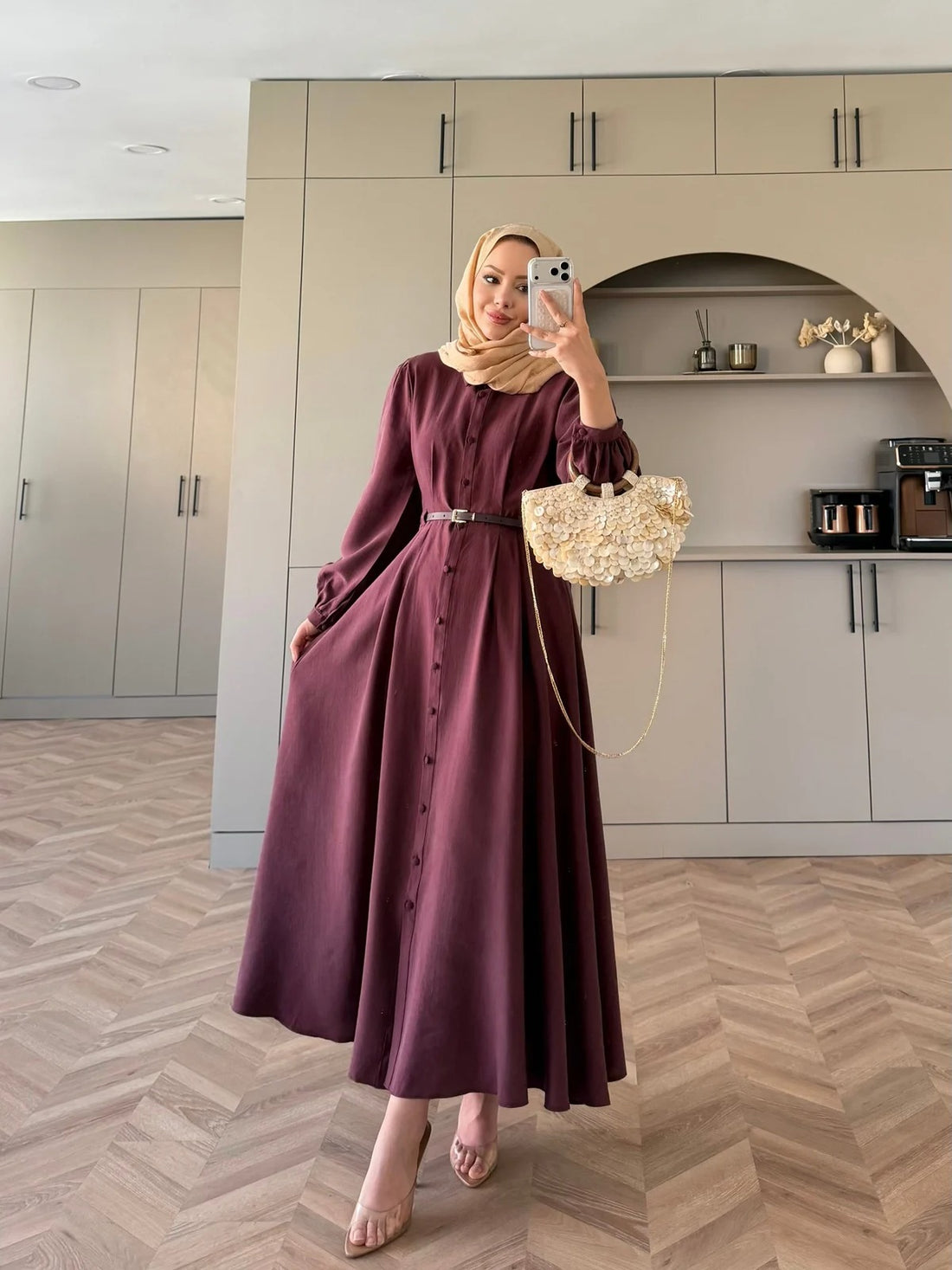 Pearl Belted Maxi Dress in Burgundy