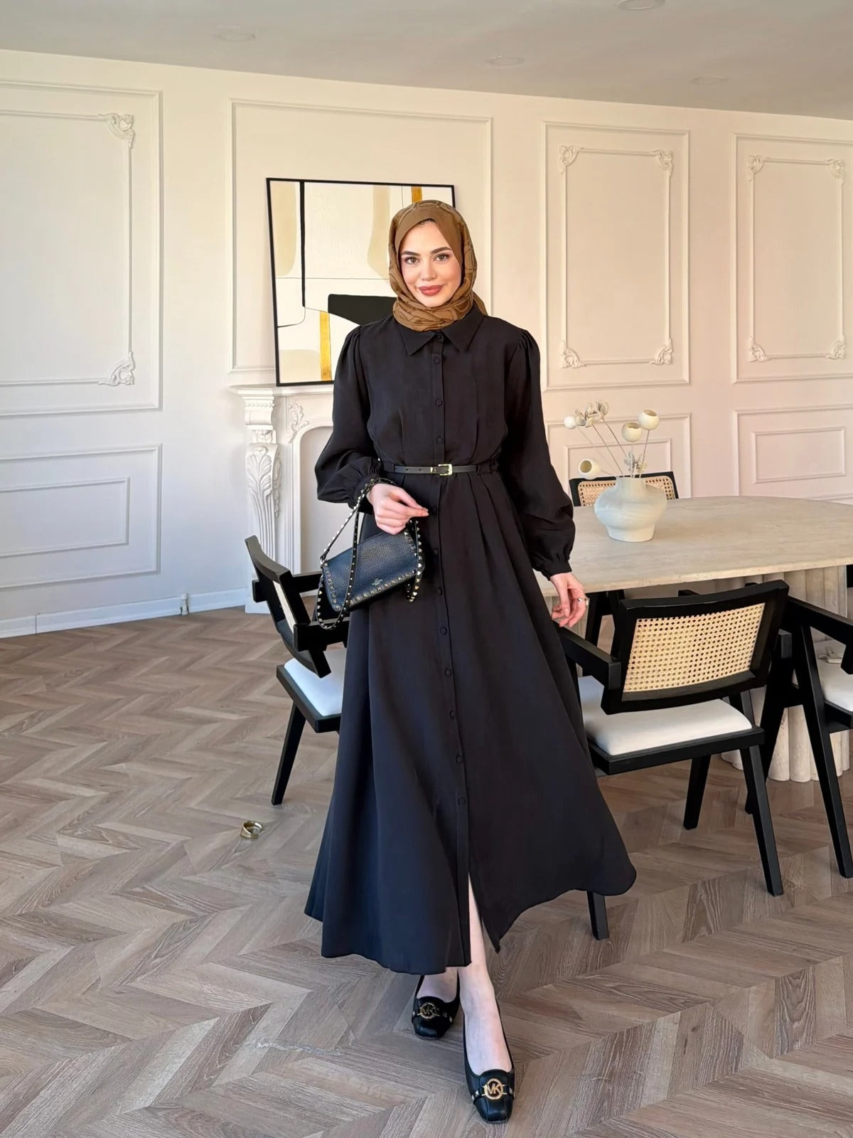 Pearl Belted Maxi Dress in Black