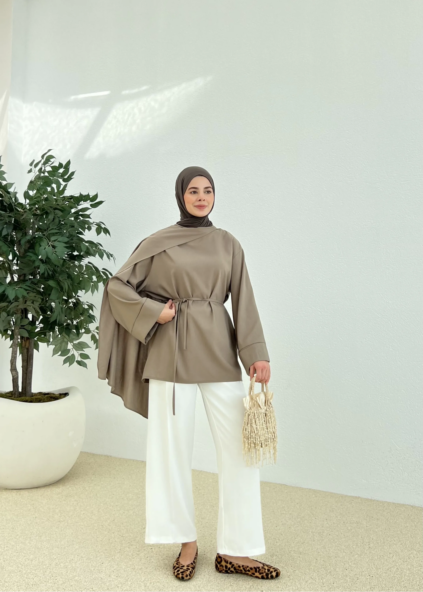 Chic Brown Tunic with Shawl Neckline