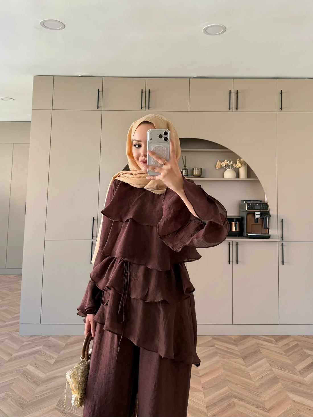 Tiered Tulle Trouser Set in Brown