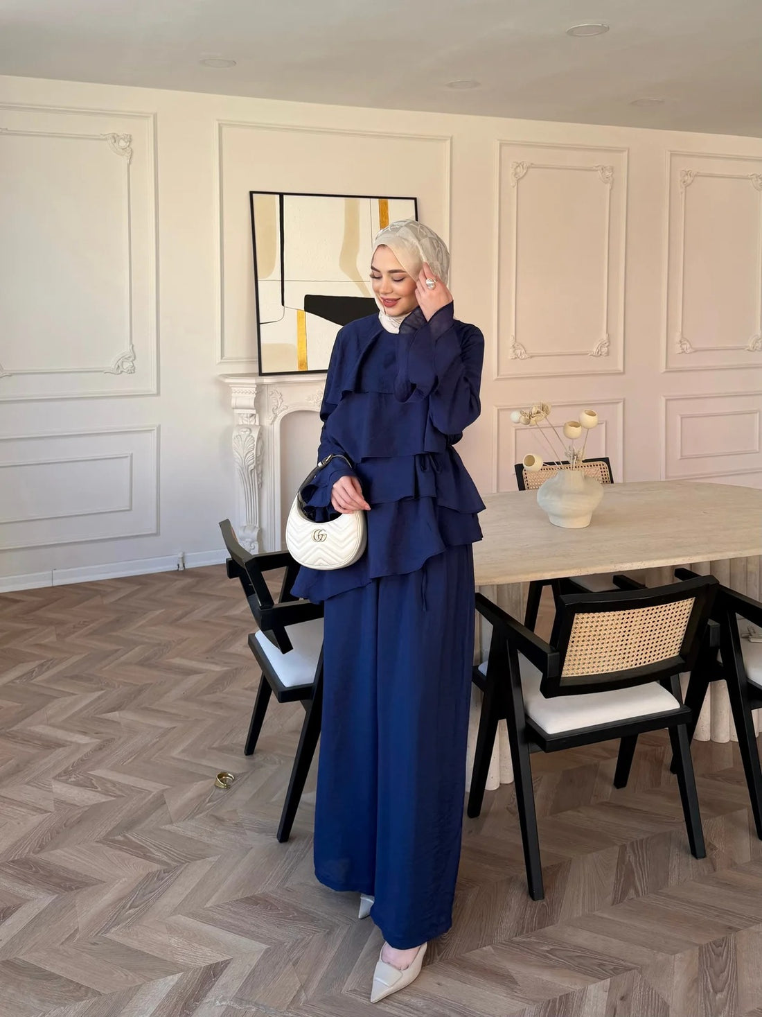 Tiered Tulle Trouser Set in Navy Blue