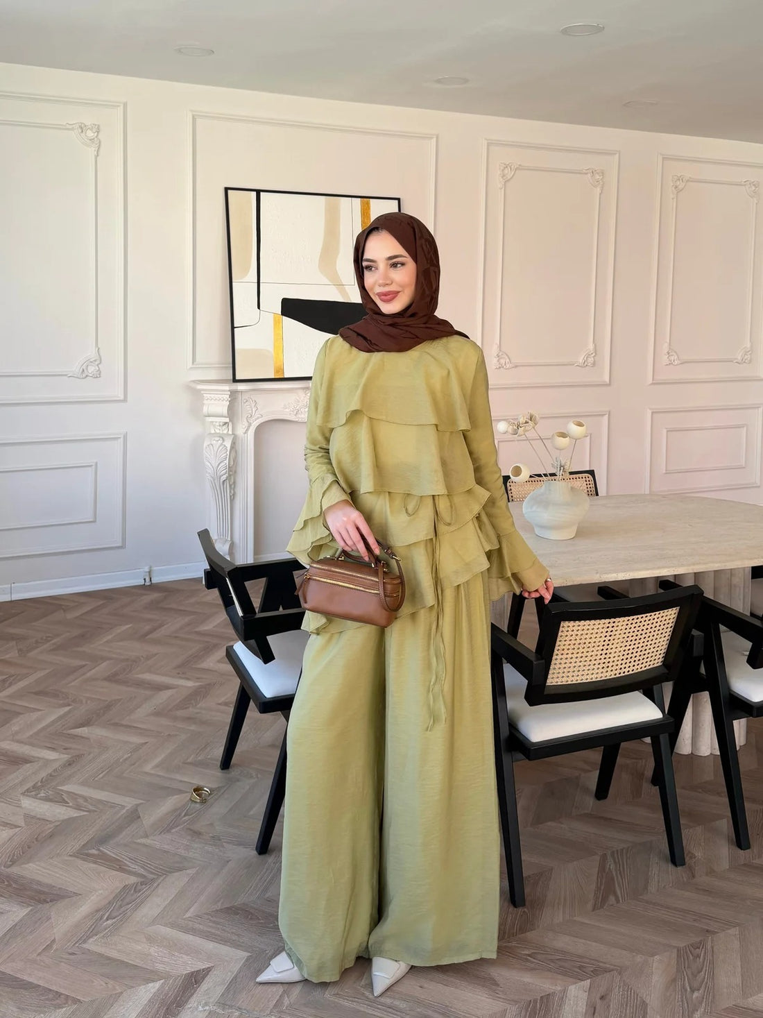 Tiered Tulle Trouser Set in Oil Green