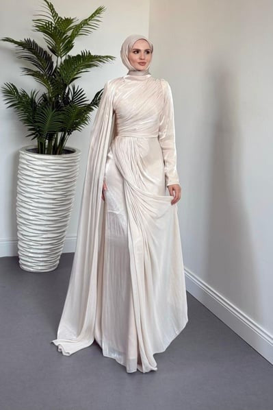 Cream One Shoulder Draped Evening Dress with Cape Detail