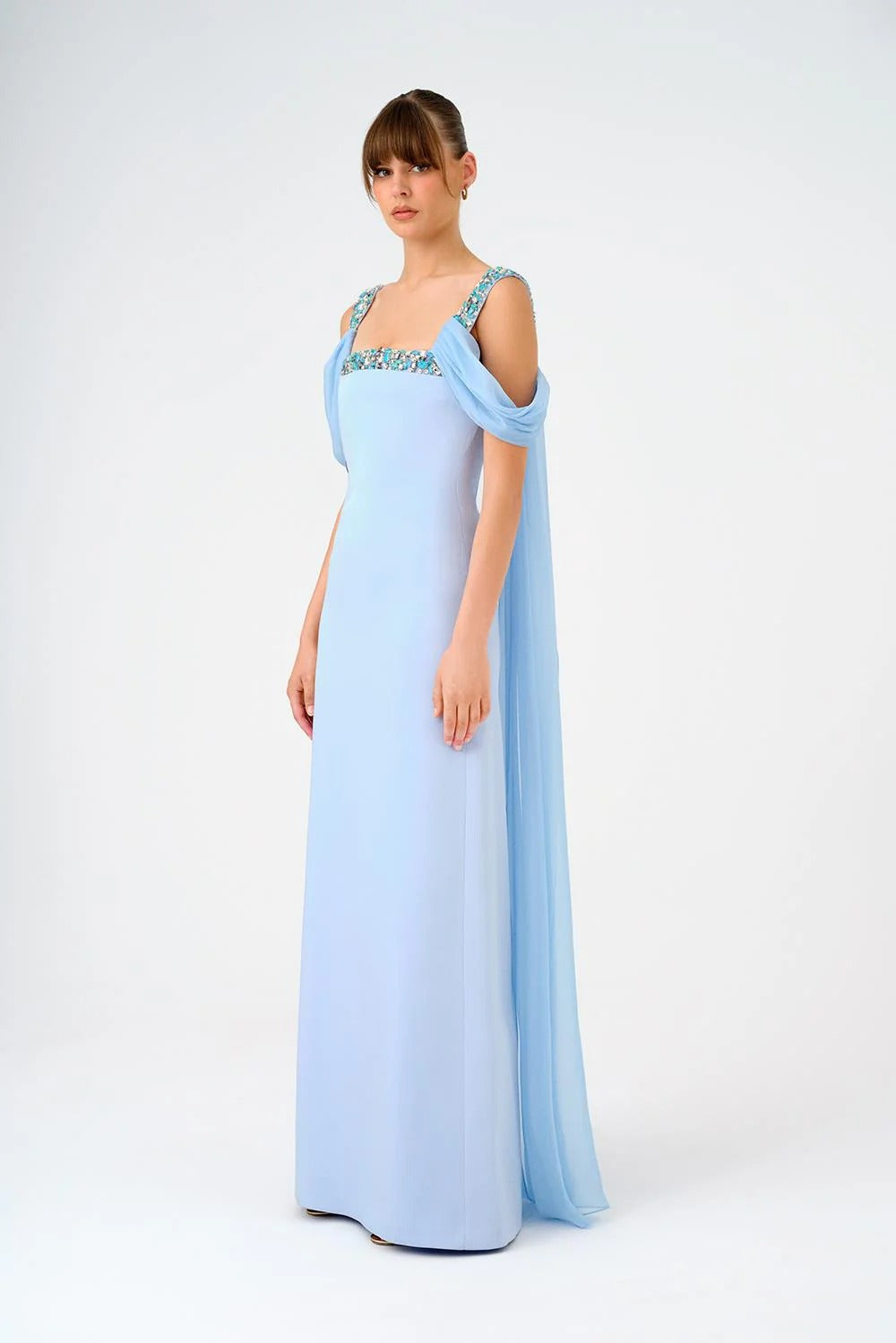 Chiffon Cape Stone Embroidered Long Evening Dress with Straps