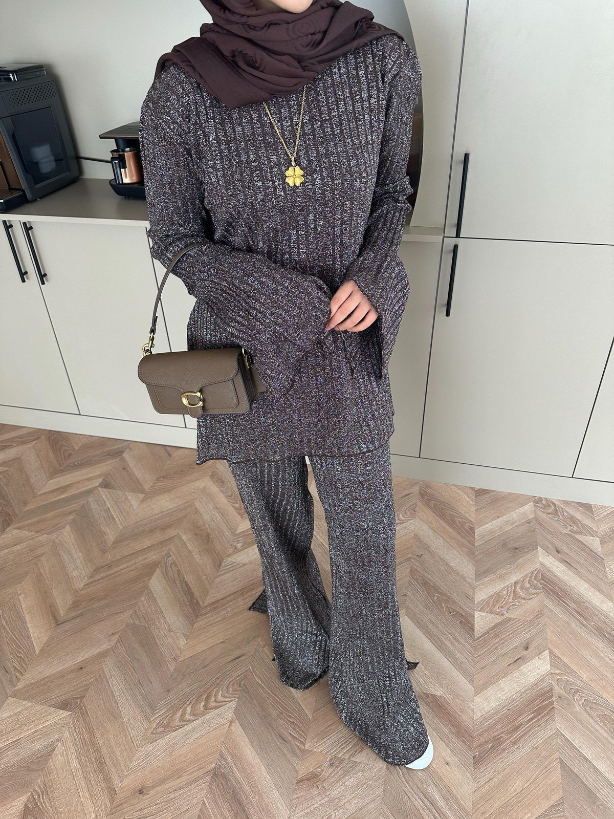 Sally Shimmer Knit Two-Piece Set – Dark Brown