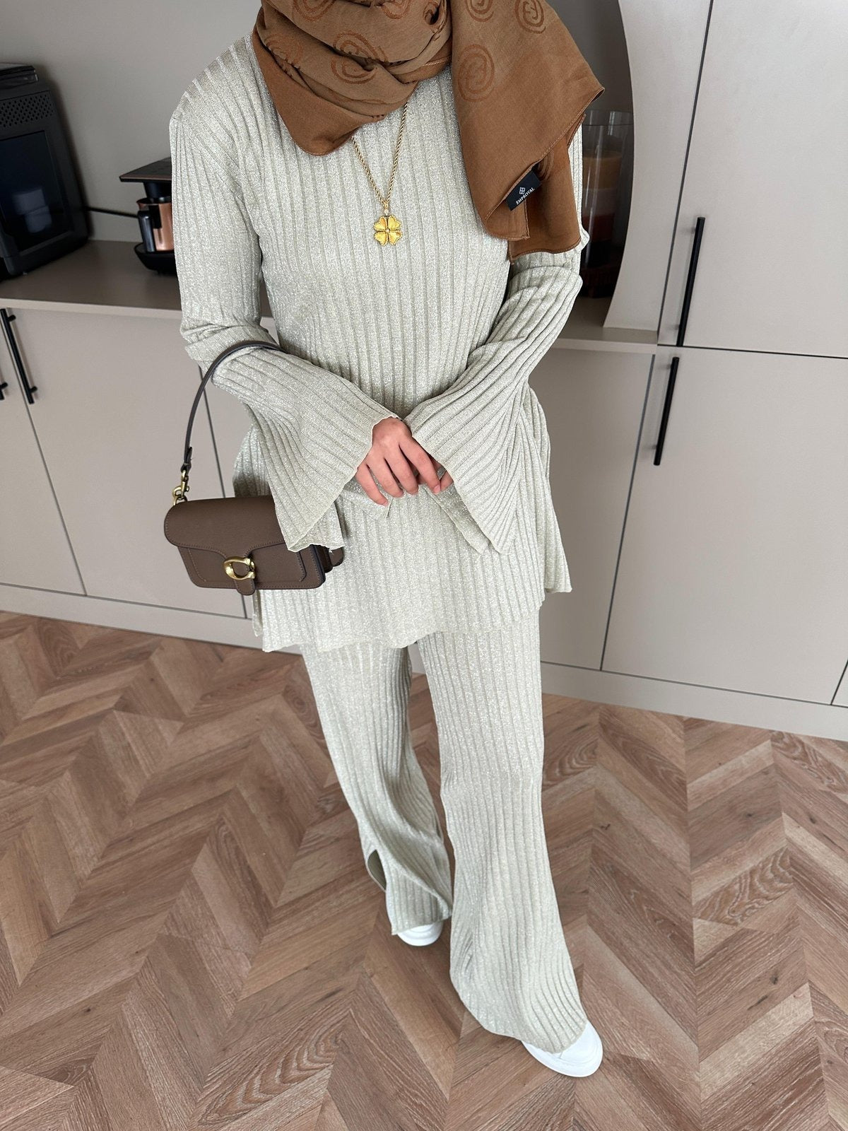 Sally Shimmer Knit Two-Piece Set – Beige