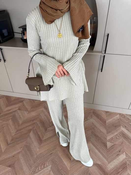 Sally Shimmer Knit Two-Piece Set – Beige