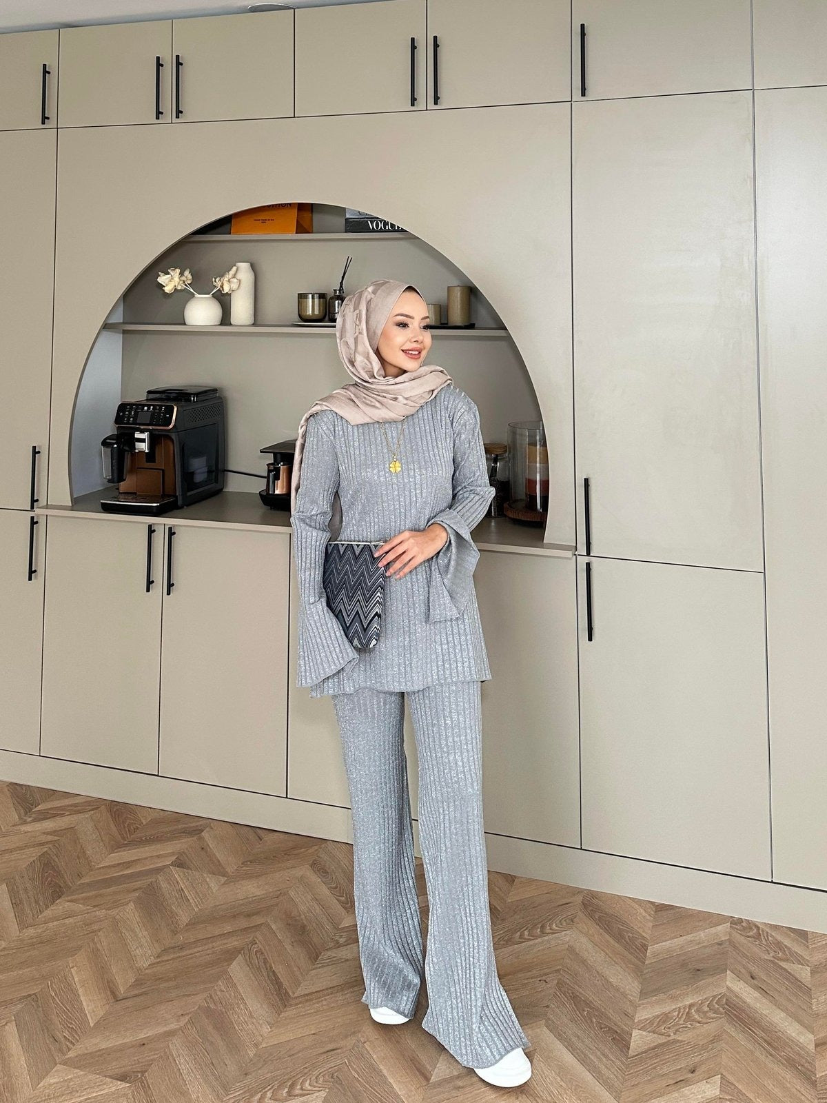 Sally Shimmer Knit Two-Piece Set – Gray