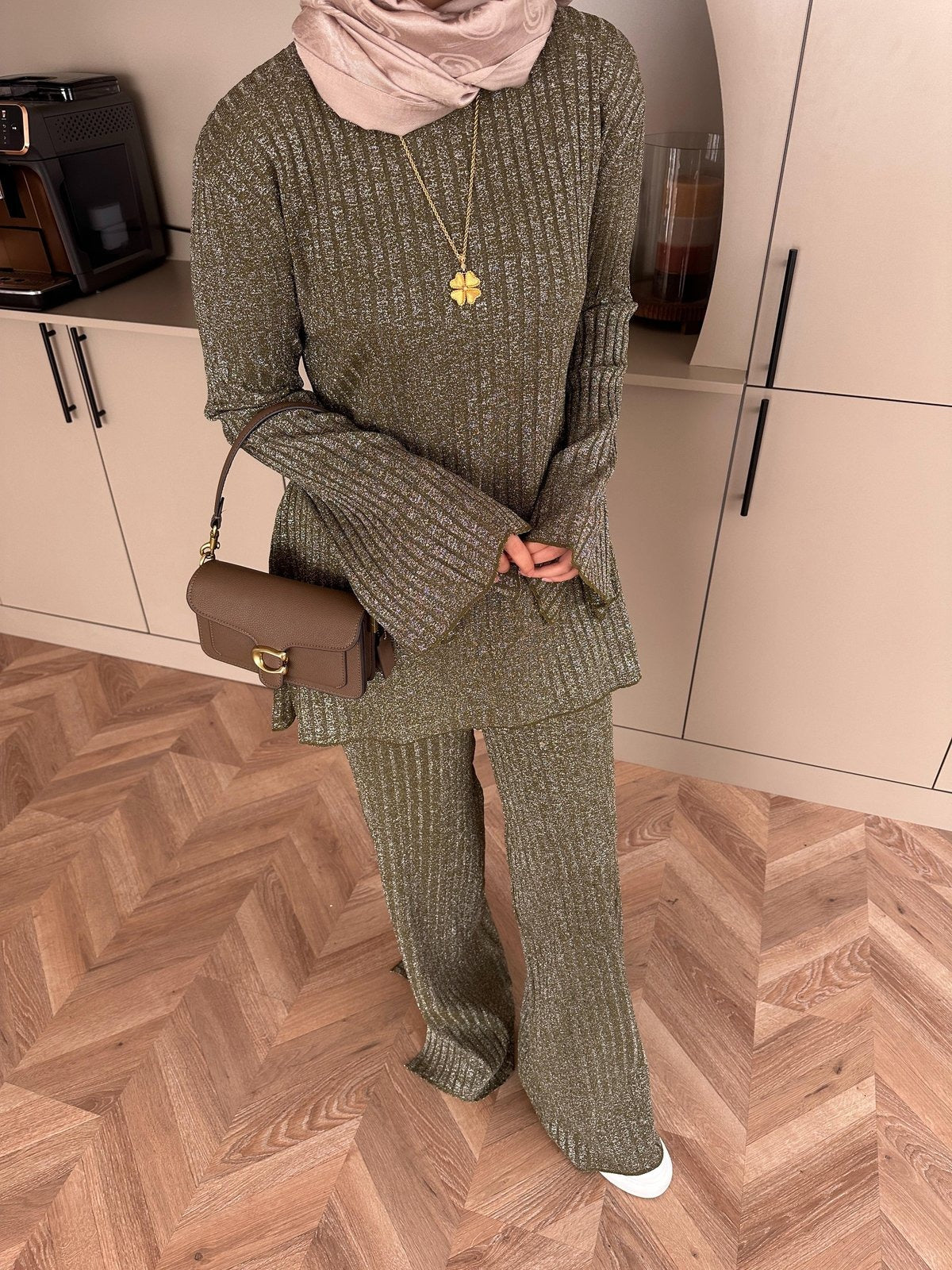 Sally Shimmer Knit Two-Piece Set - Khaki