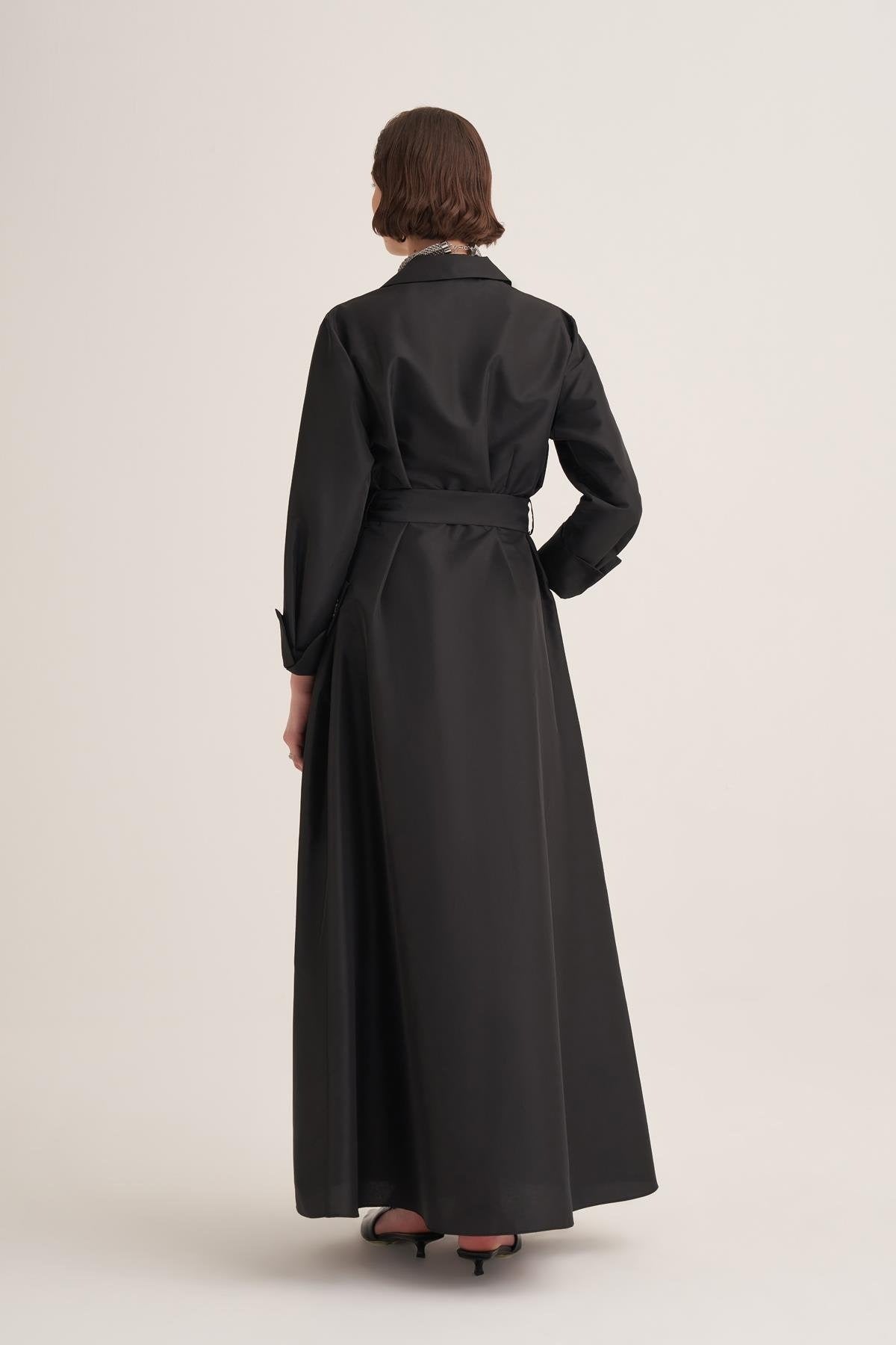 Black Satin Wrap Abaya with Handmade Embellished Crystal Pocket Detail