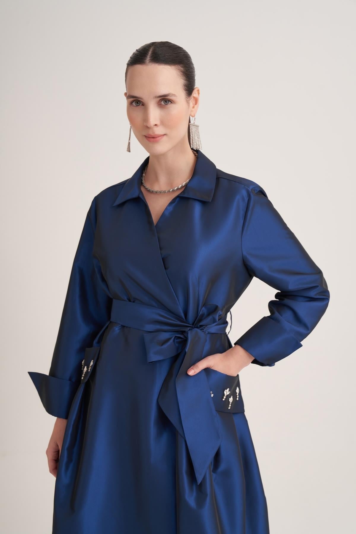 Royal Blue Satin Wrap Abaya with Handmade Embellished Crystal Pocket Detail