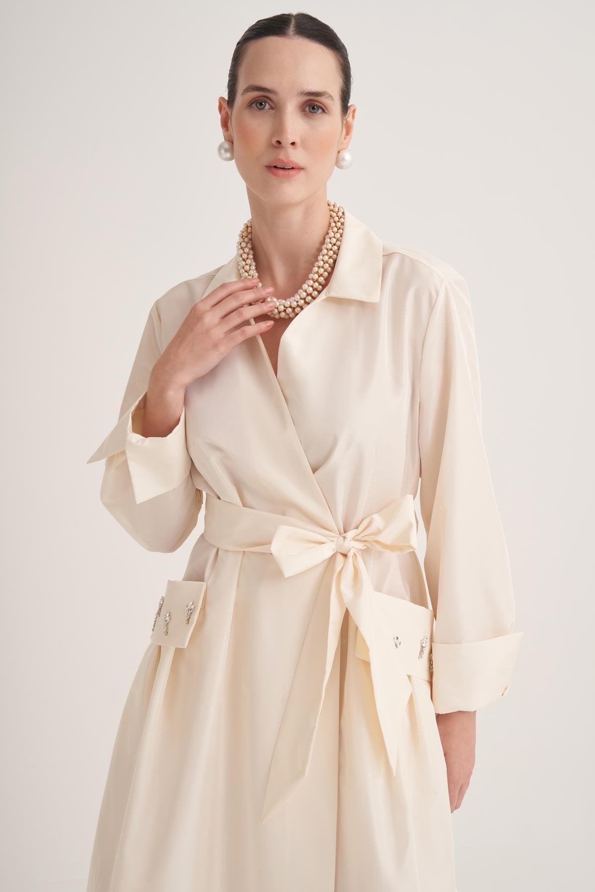 Cream Satin Wrap Abaya with Handmade Embellished Crystal Pocket Detail