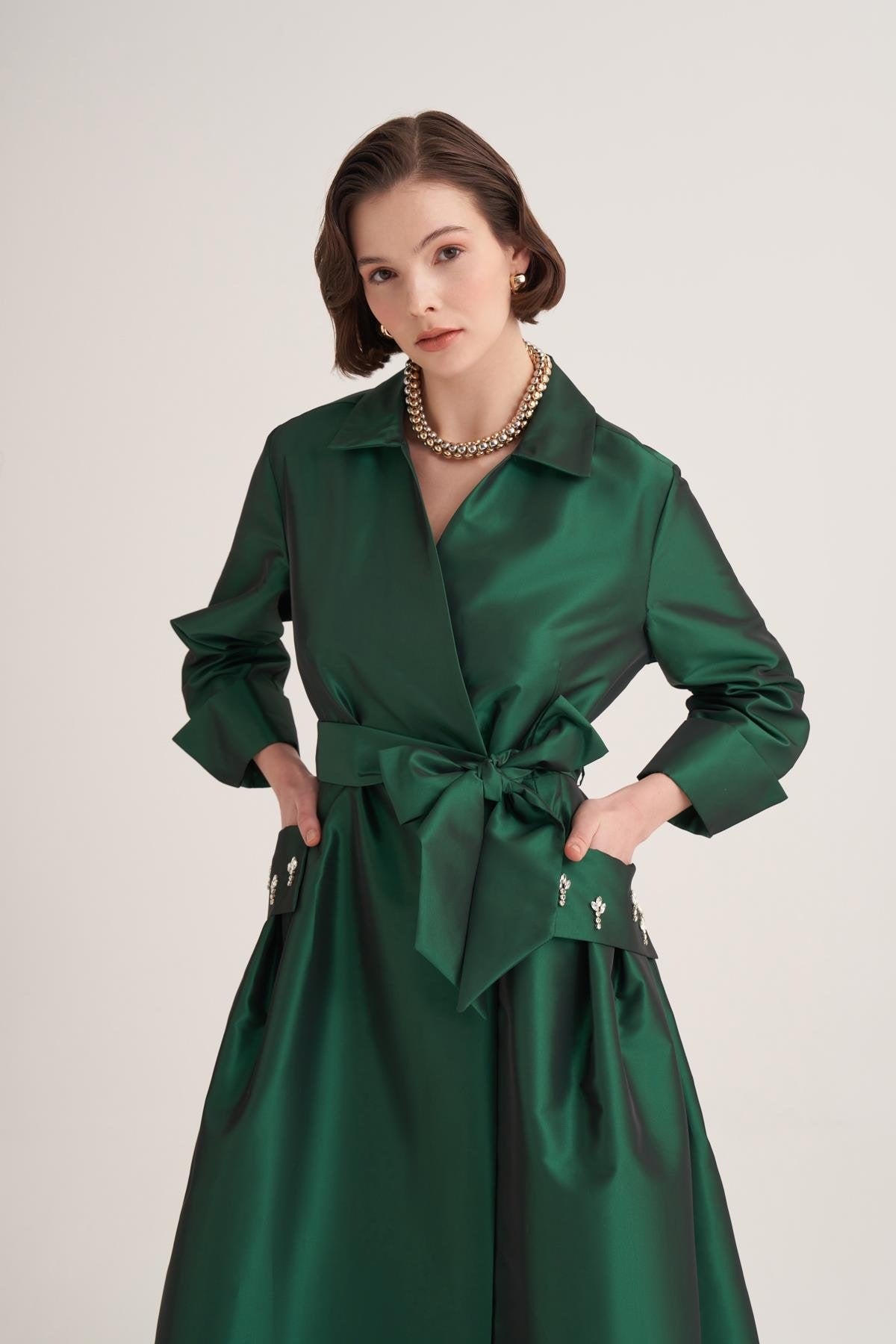 Emerald Satin Wrap Abaya with Handmade Embellished Crystal Pocket Detail