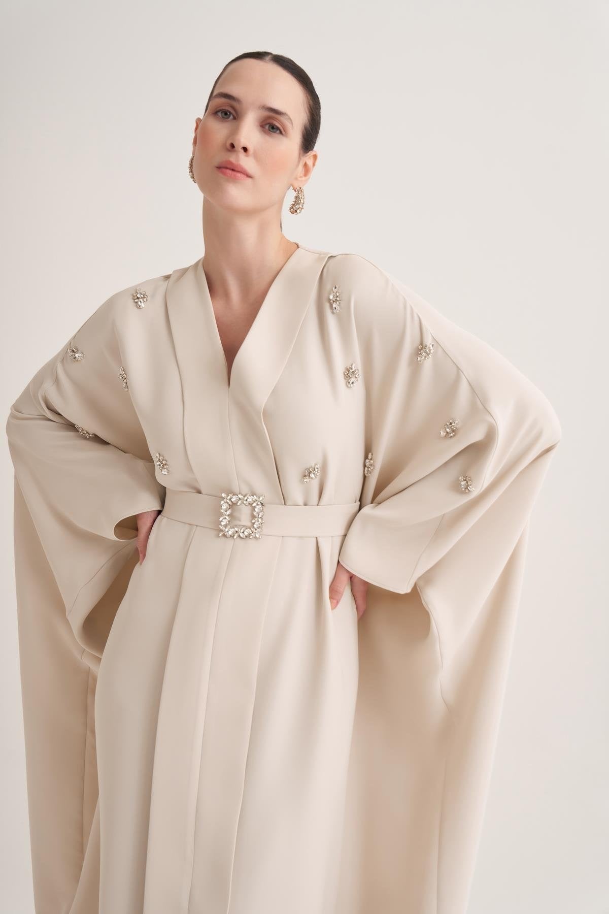 Beige Kaftan with Crystal Hand Embellishments & Jewelled Belt Buckle
