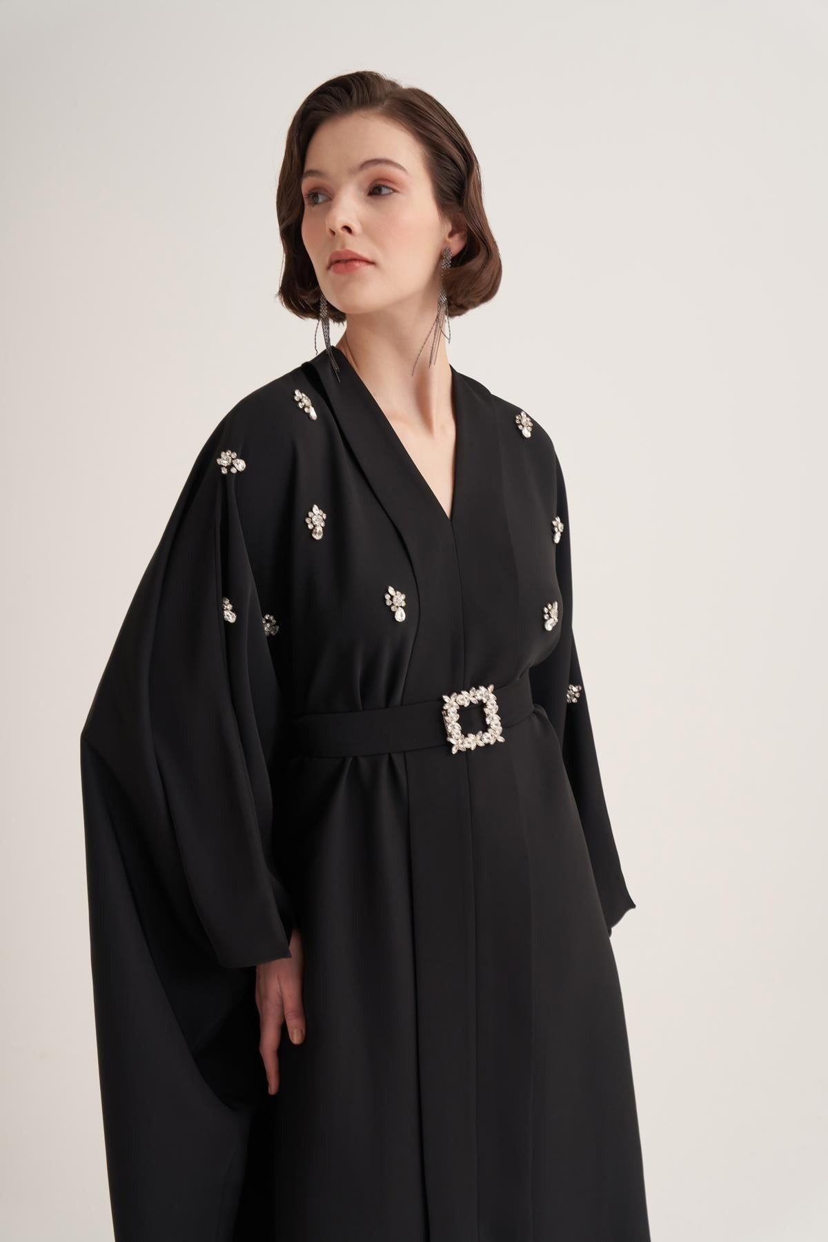 Black Kaftan with Crystal Hand Embellishments & Jewelled Belt Buckle