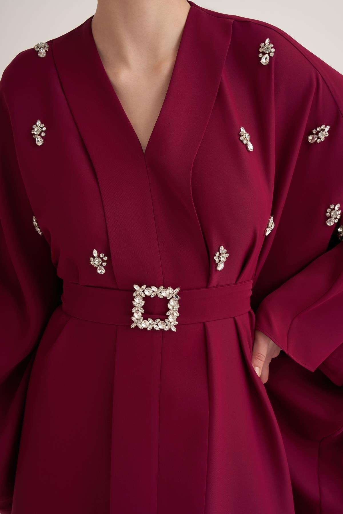 Cherry Kaftan with Crystal Hand Embellishments & Jewelled Belt Buckle
