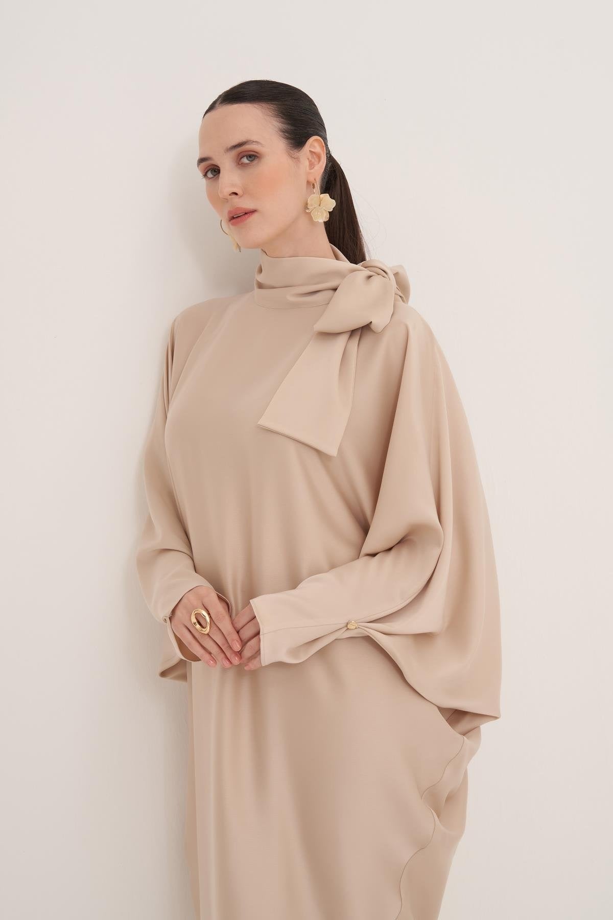 Beige Satin Batwing Sleeve Maxi Dress with Bow Neck Detail