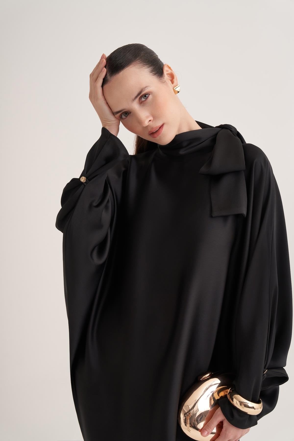 Black Satin Batwing Sleeve Maxi Dress with Bow Neck Detail