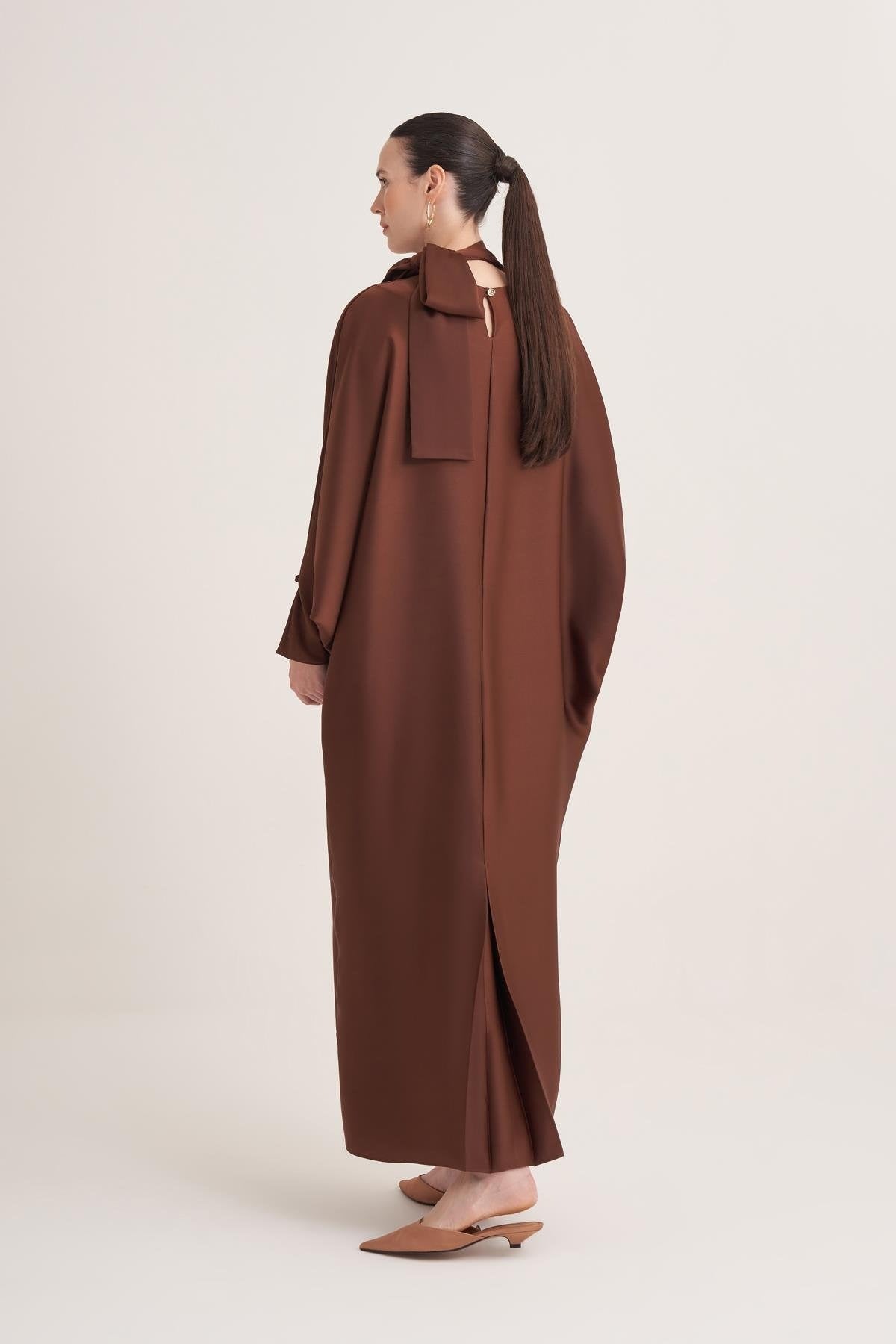 Brown Satin Batwing Sleeve Maxi Dress with Bow Neck Detail