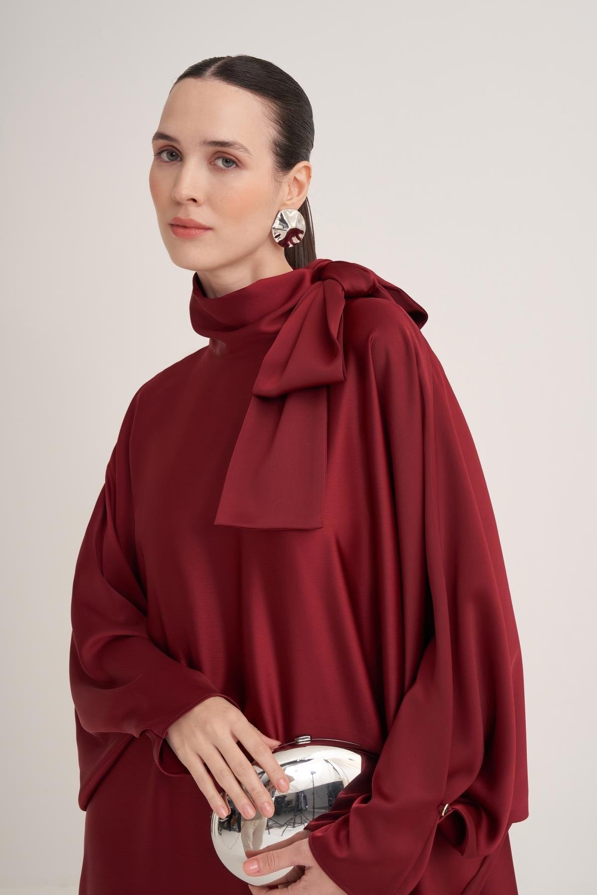 Burgundy Satin Batwing Sleeve Maxi Dress with Bow Neck Detail