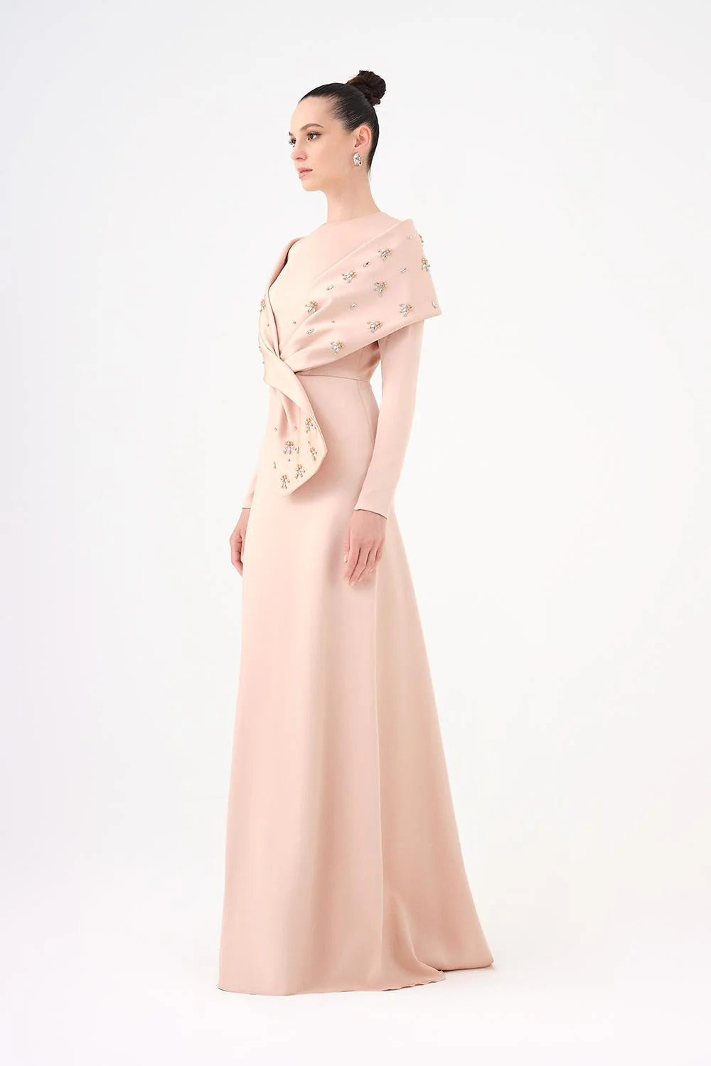 Embellished Satin Long Evening Dress with Shawl-Champagne