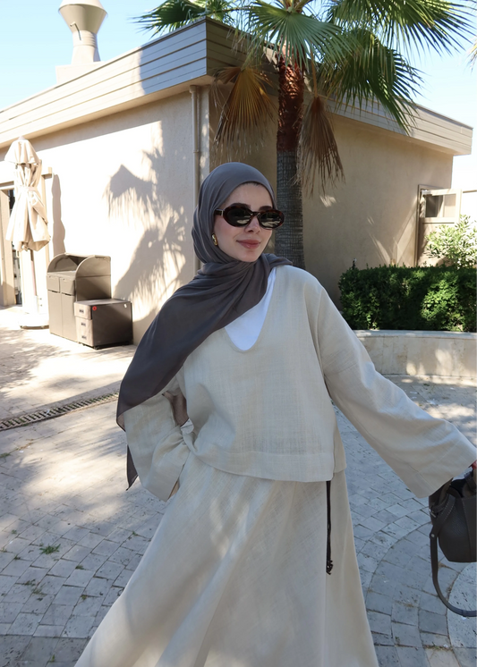 Deep V-Neck Linen Kimono Set with Maxi Skirt – Beige