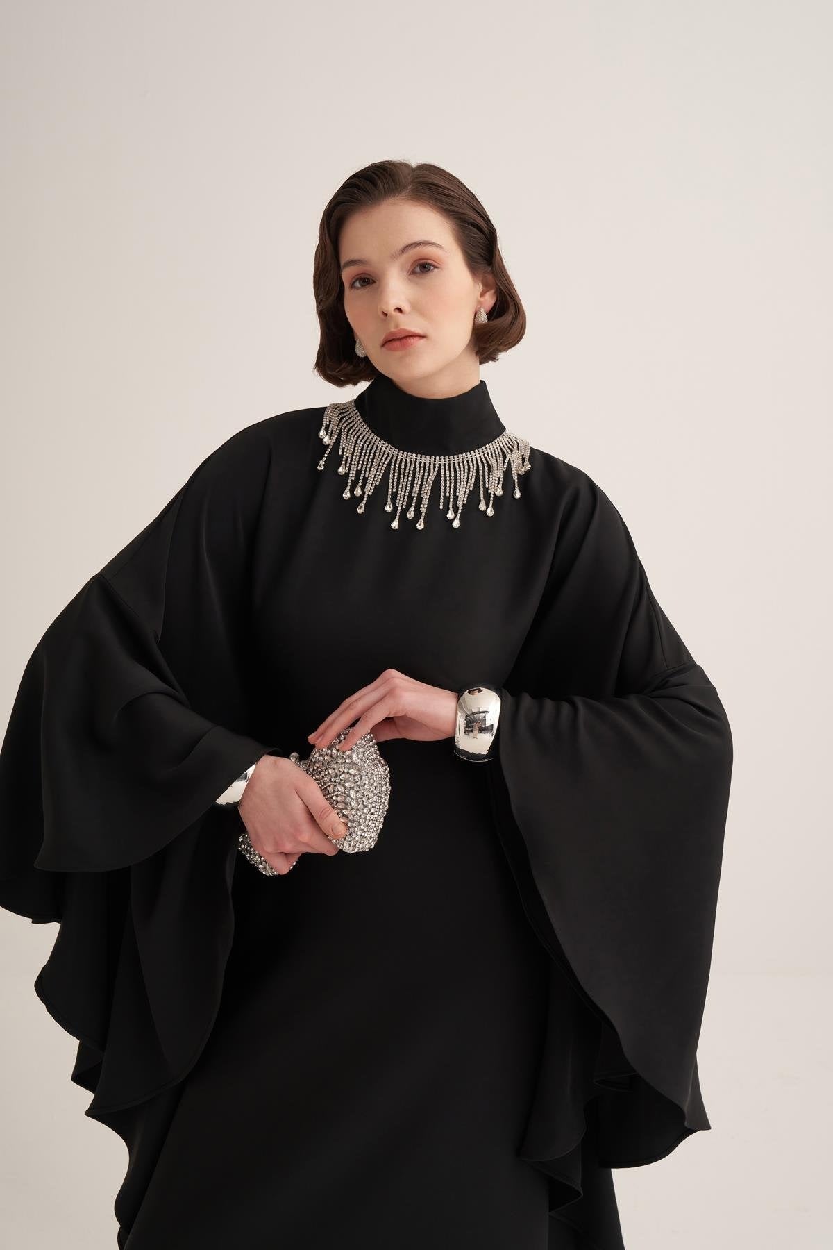 Black Kaftan Dress with Draped Cape Sleeves & Crystal Fringe Neckline