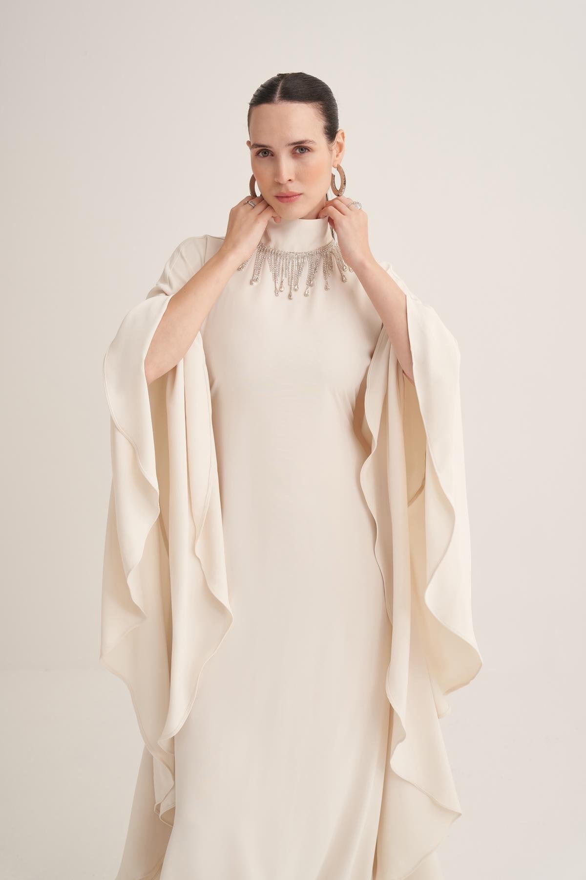 Cream Kaftan Dress with Draped Cape Sleeves & Crystal Fringe Neckline