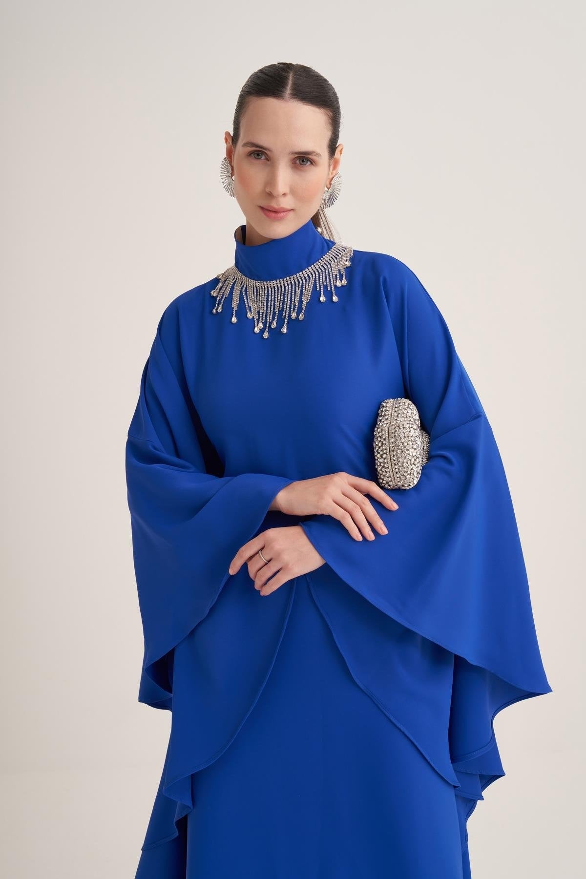 Royal Blue Kaftan Dress with Draped Cape Sleeves & Crystal Fringe Neckline