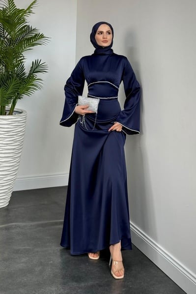 Elegant Navy Satin Modest Evening Dress with Baguette Stone Waist Detail