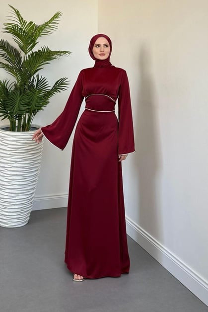 Elegant Burgundy Satin Modest Evening Dress with Baguette Stone Waist Detail