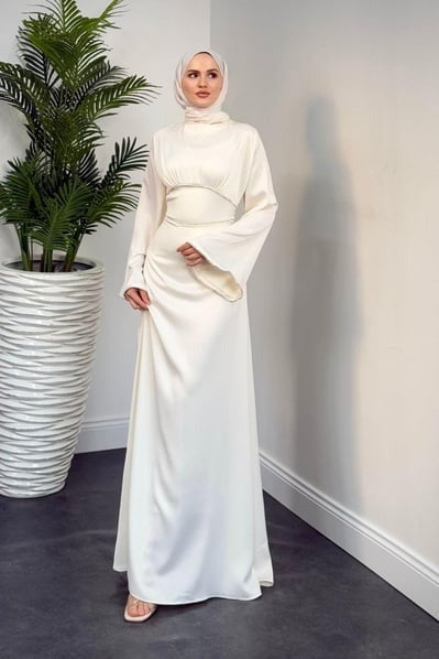 Elegant White Satin Modest Evening Dress with Baguette Stone Waist Detail
