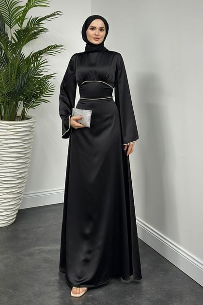 Elegant Black Satin Modest Evening Dress with Baguette Stone Waist Detail