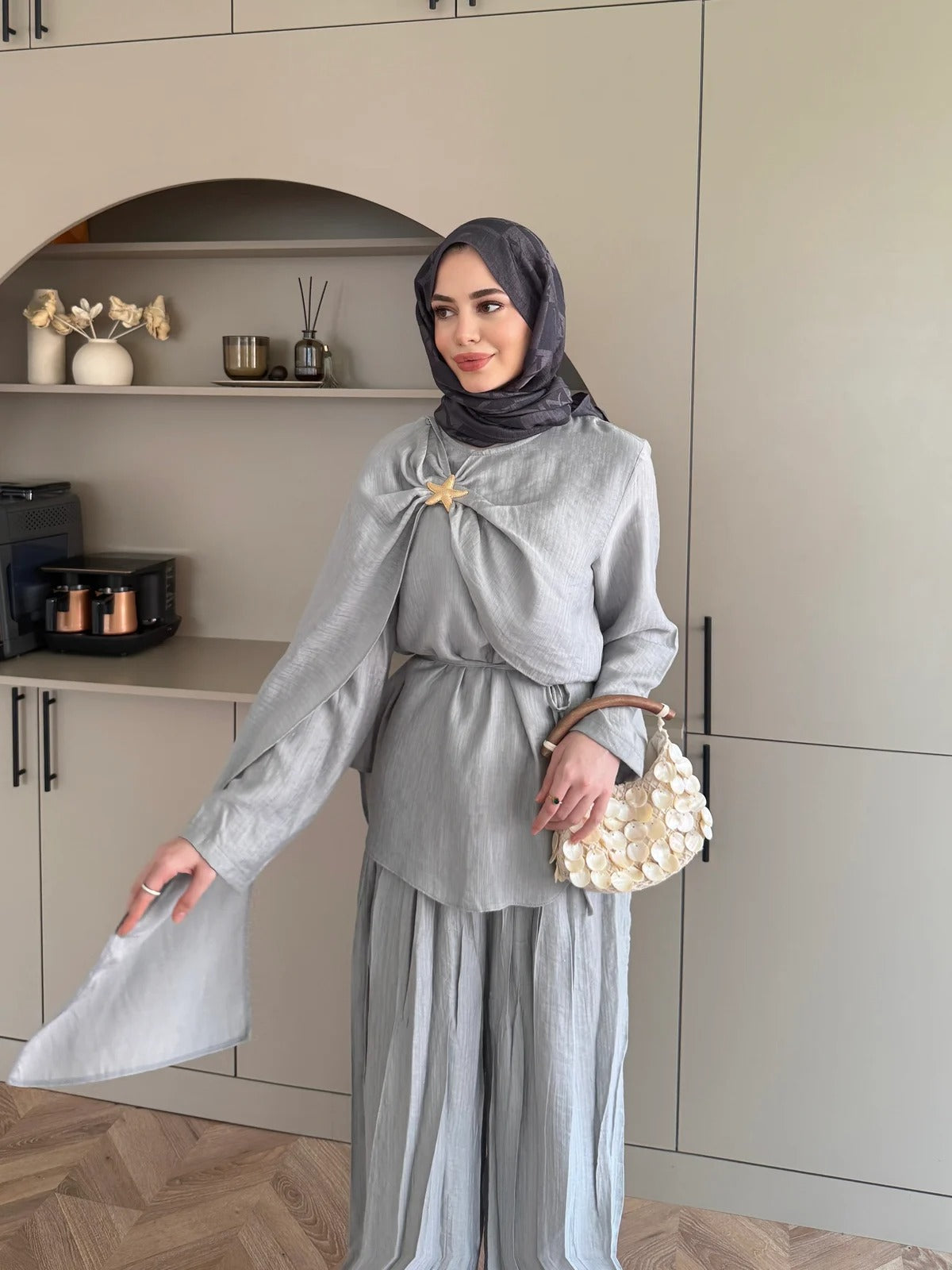 Blue Starfish Brooch Cape Detail Muslin Trouser Set